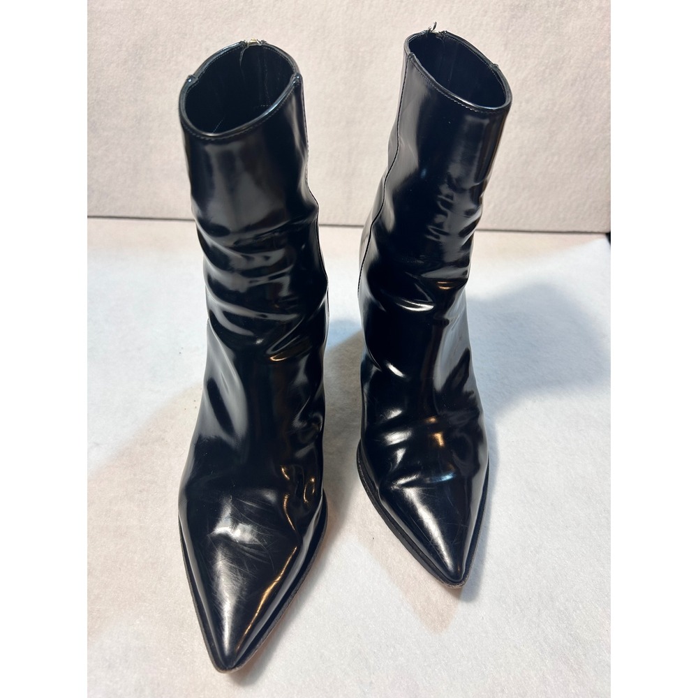 Tamara Mellon 39.5 Black Patent Leather Pointed Toe Ankle Boots Block Heel Italy